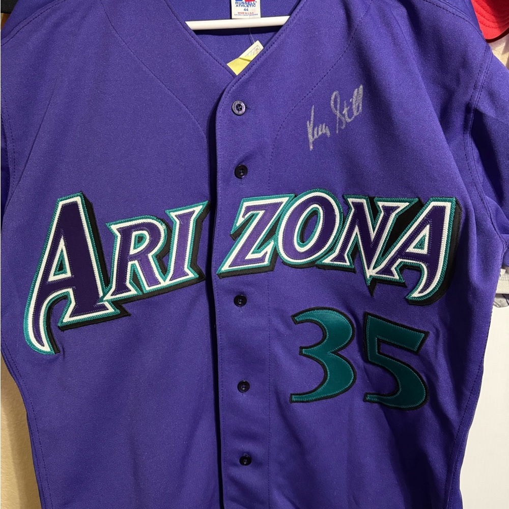 Vintage Kelly Stinnette Arizona Diamondbacks purple Russel athletic autographed